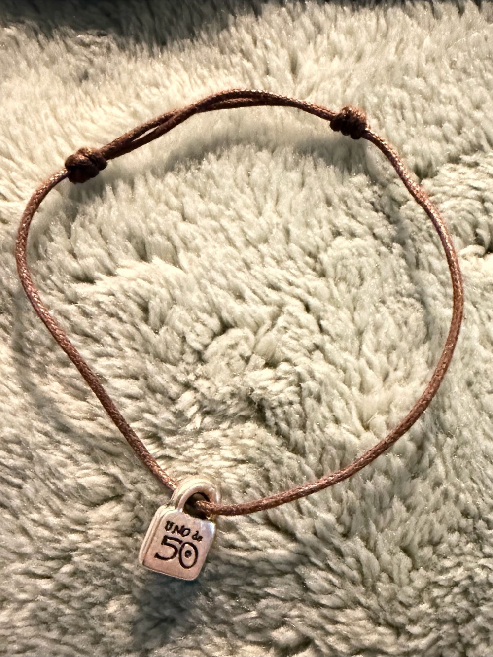UNOde50 Sunburst Logo Padlock Silver Charm Bracelet Brown Cord